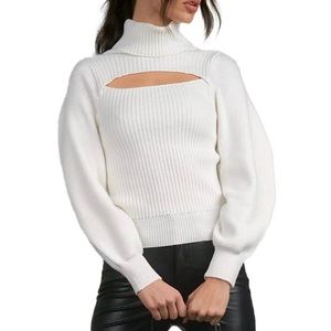 NWT Elan White Knit Turtleneck Cut Out Sweater, S